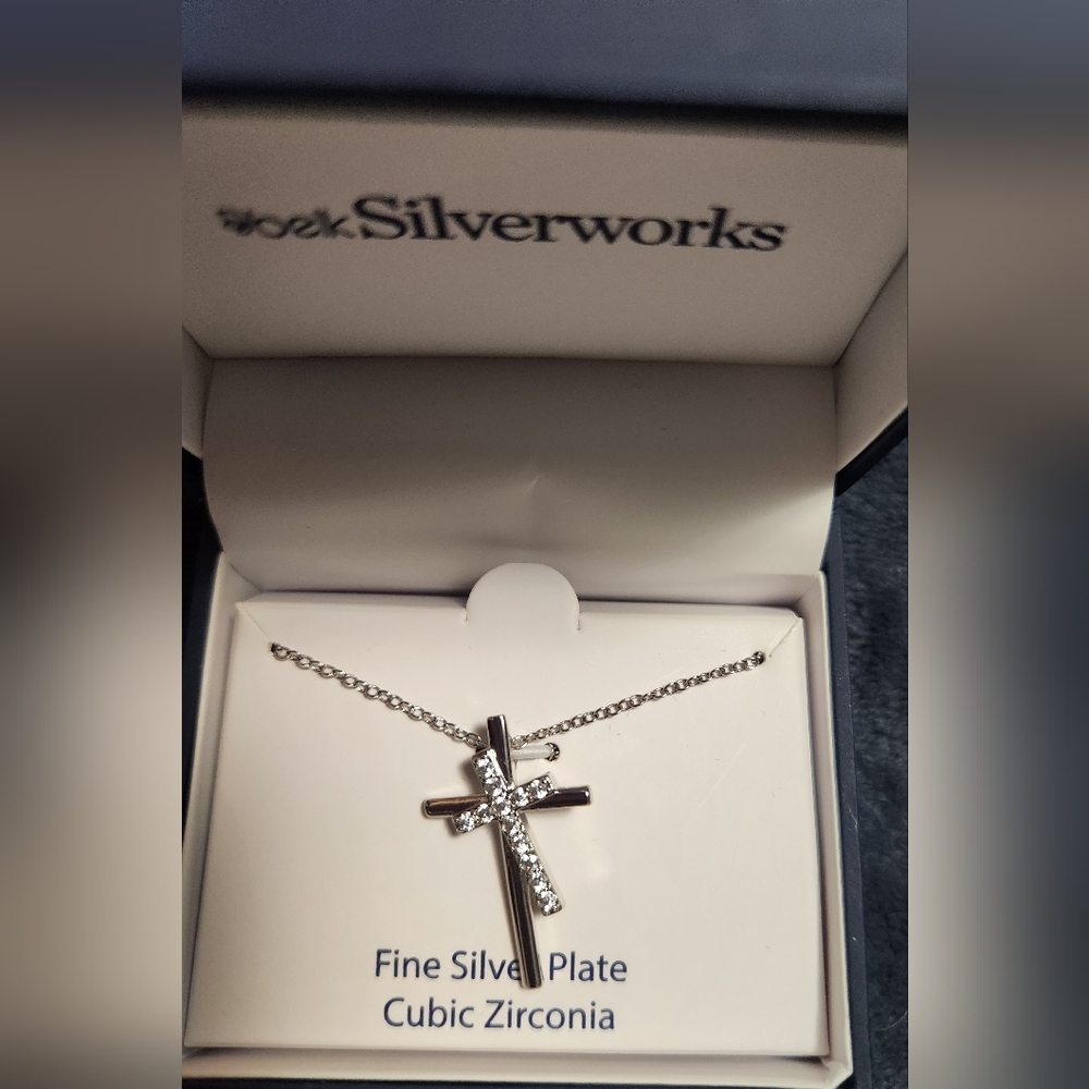 BELK, FINE SILVER PLATED CROSS DOUBLE NECKLACE, CZ, NEW